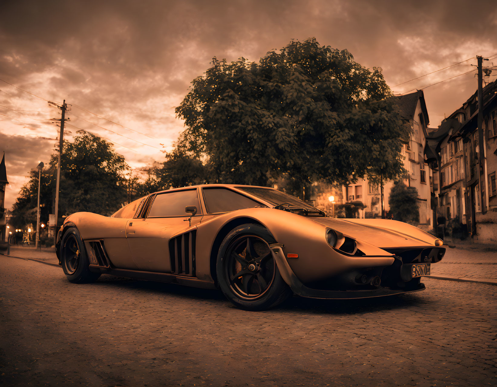 Vintage golden sports car parked on cobblestone street at dusk