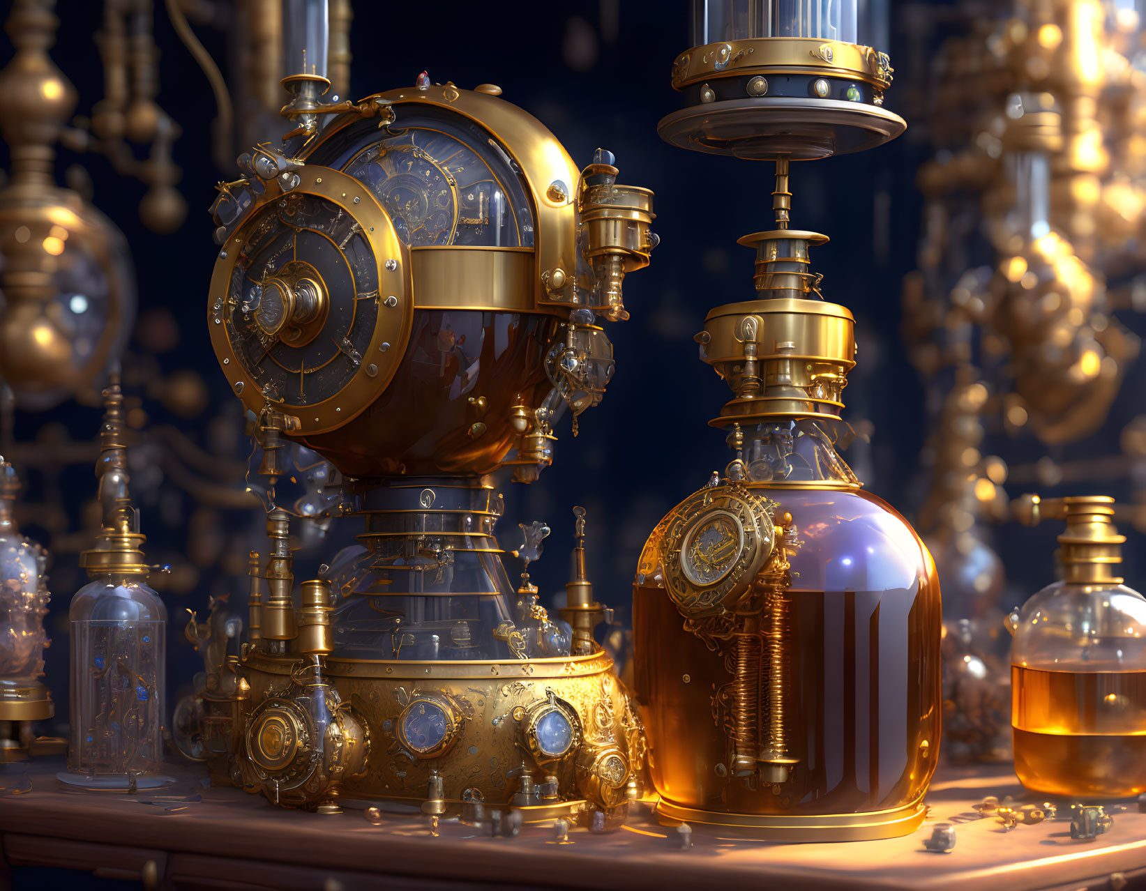 Steampunk apparatus with brass gears and glass containers on glowing lights background