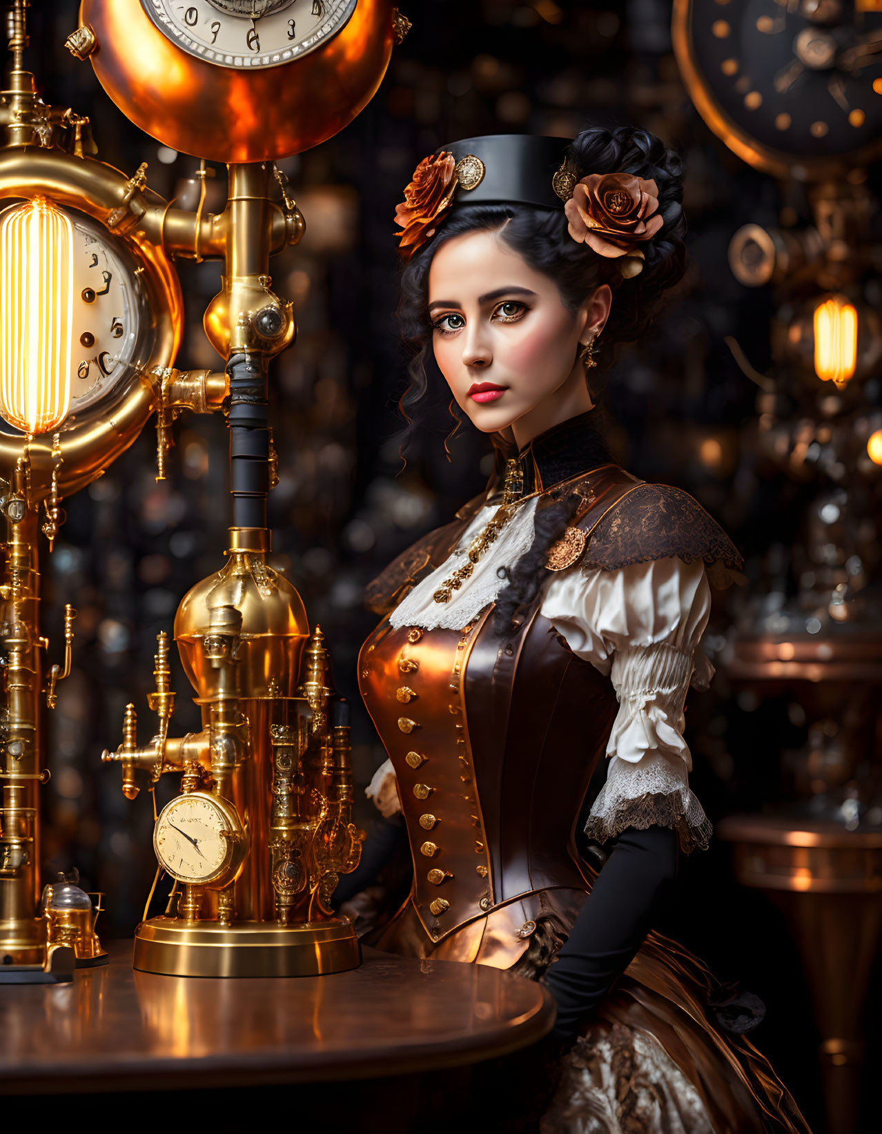 Elaborate Steampunk Attire Woman Amidst Brass Gears