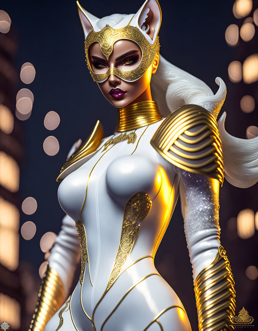 Stylized female figure in white and gold costume with cat mask and glowing elements on city lights background