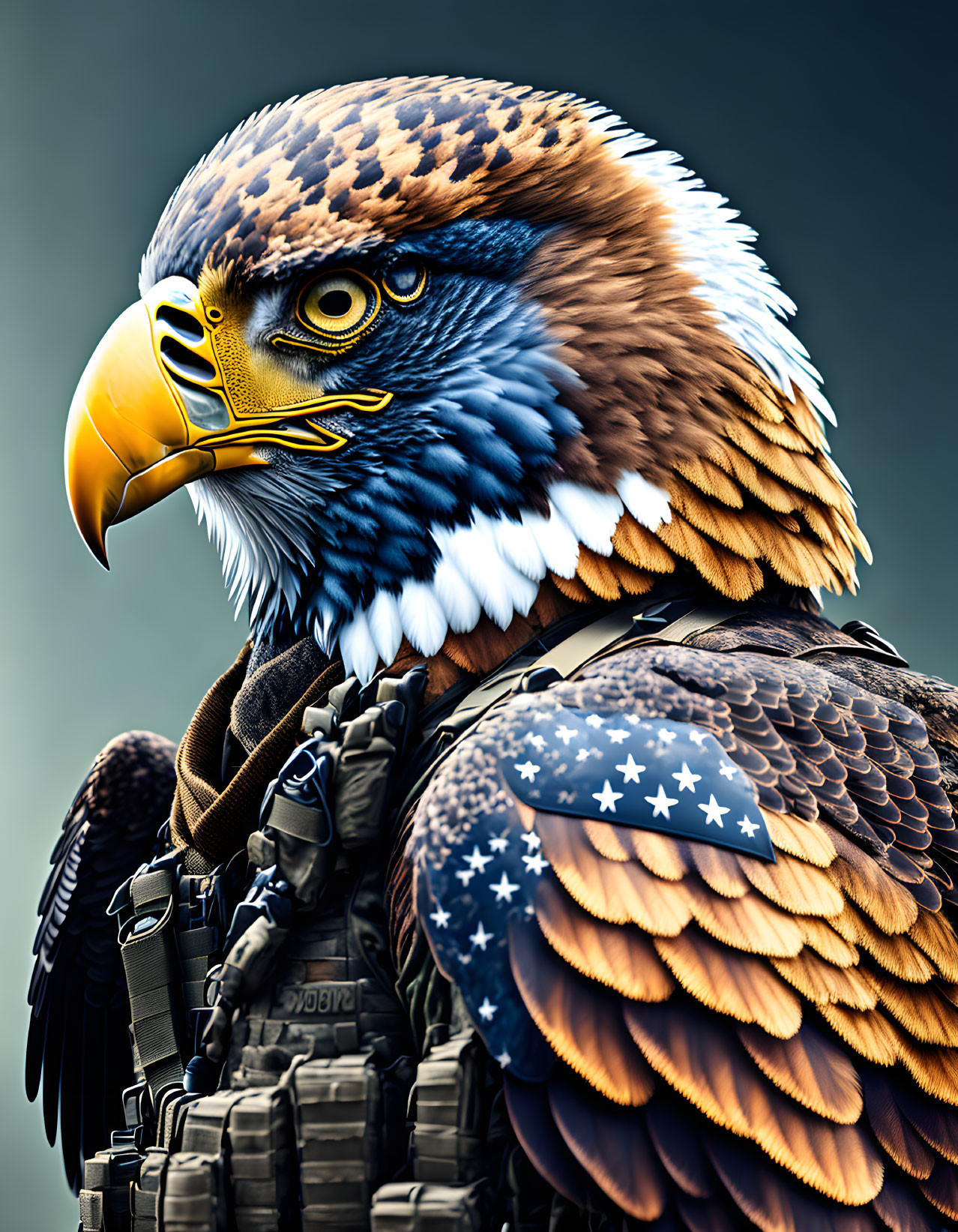 Eagle head on human body in tactical gear with flag motif