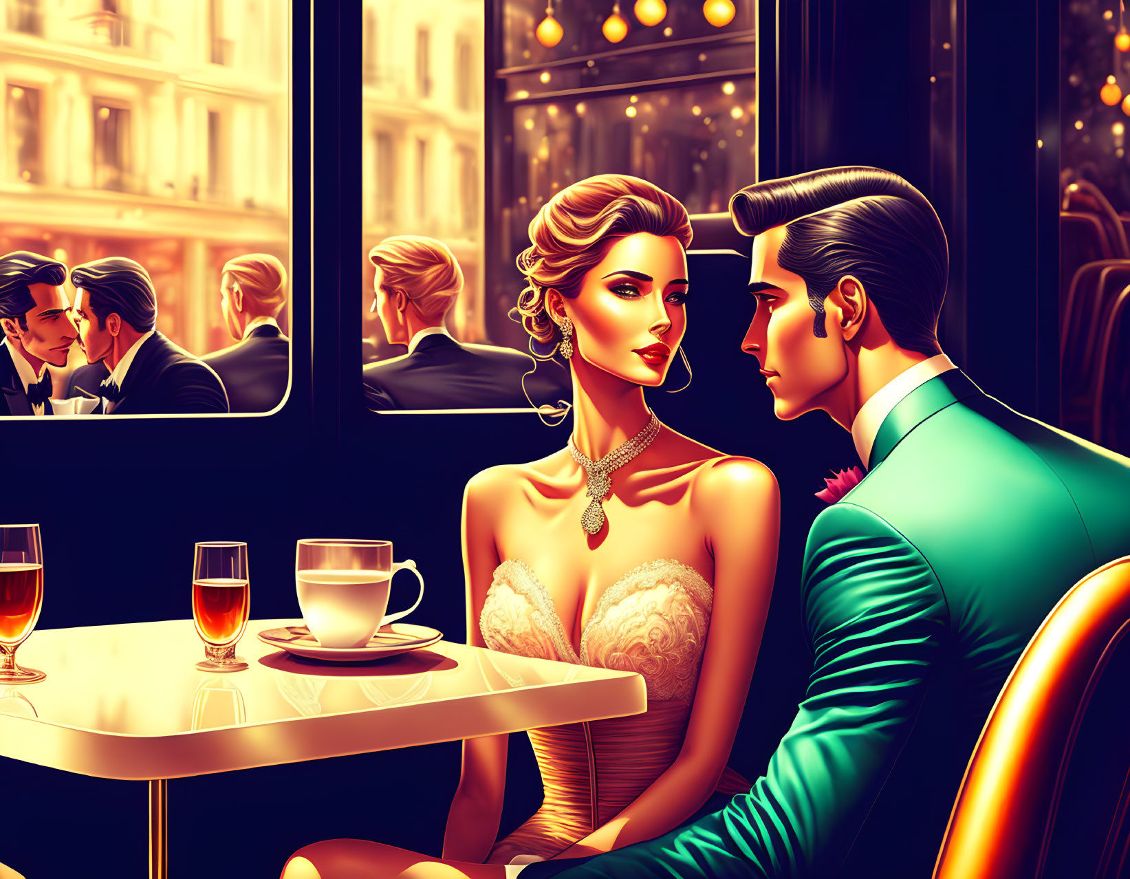 Couple at Cafe with Street View and Drinks