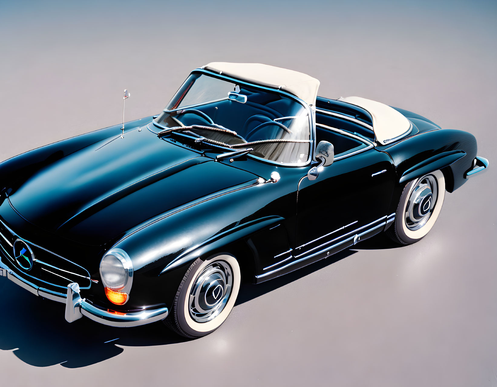 Classic Black Mercedes-Benz Convertible with White Soft Top on Light Background