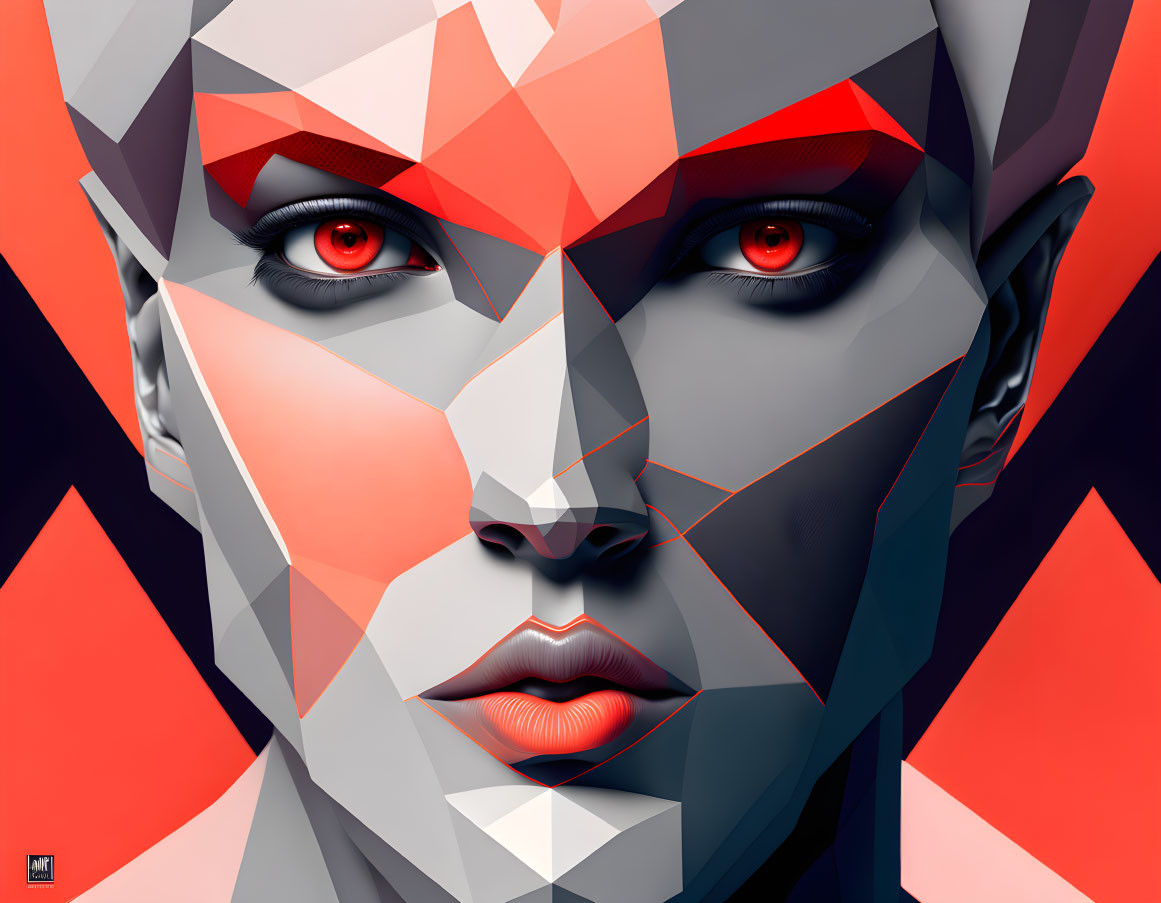 Geometric face art with red eyes and multicolored triangles