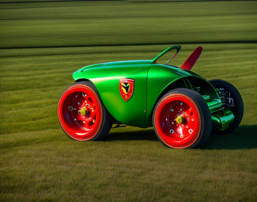 Colorful Three-Wheeled Concept Car on Grass Field