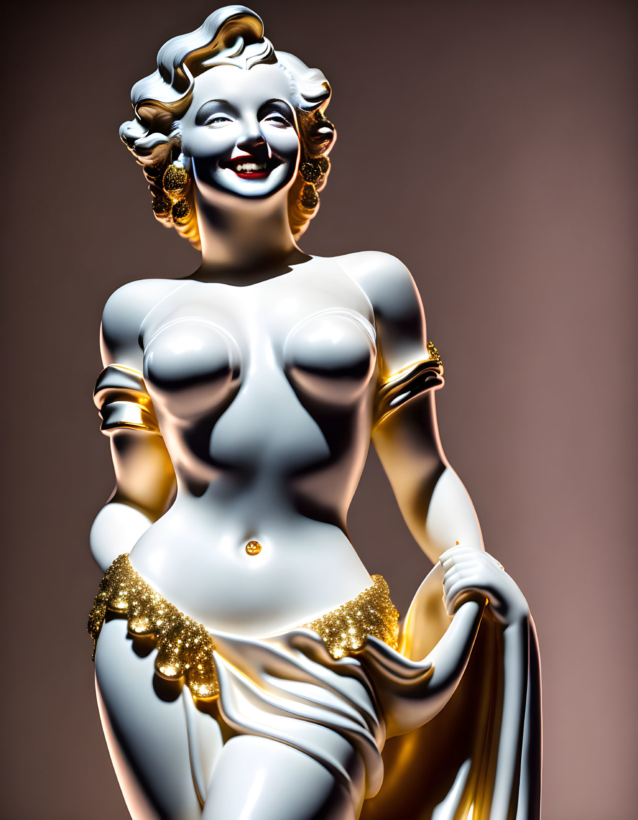 Blonde Woman Figurine in Metallic Dress on Gradient Background