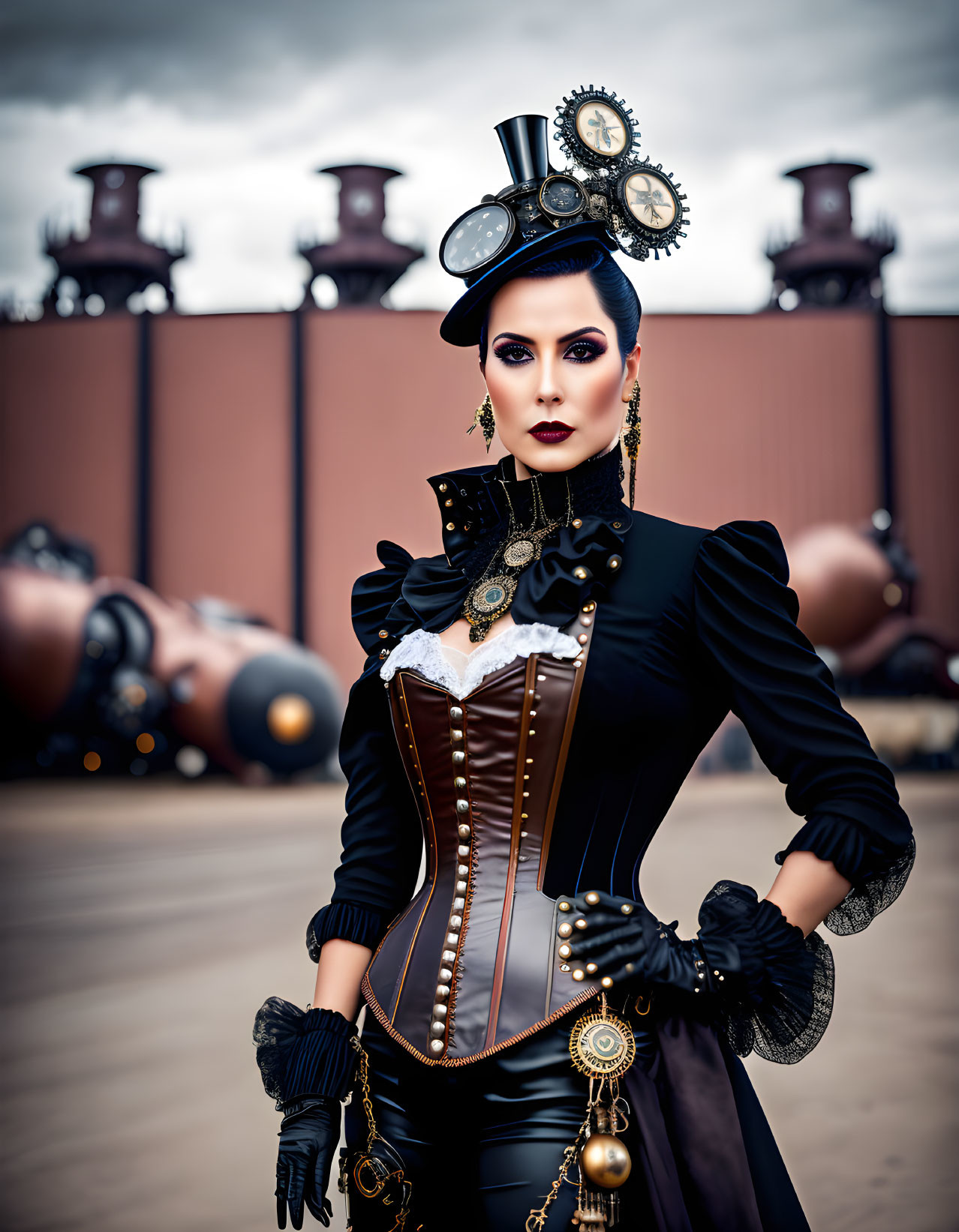 Steampunk-themed woman in top hat and corset poses confidently