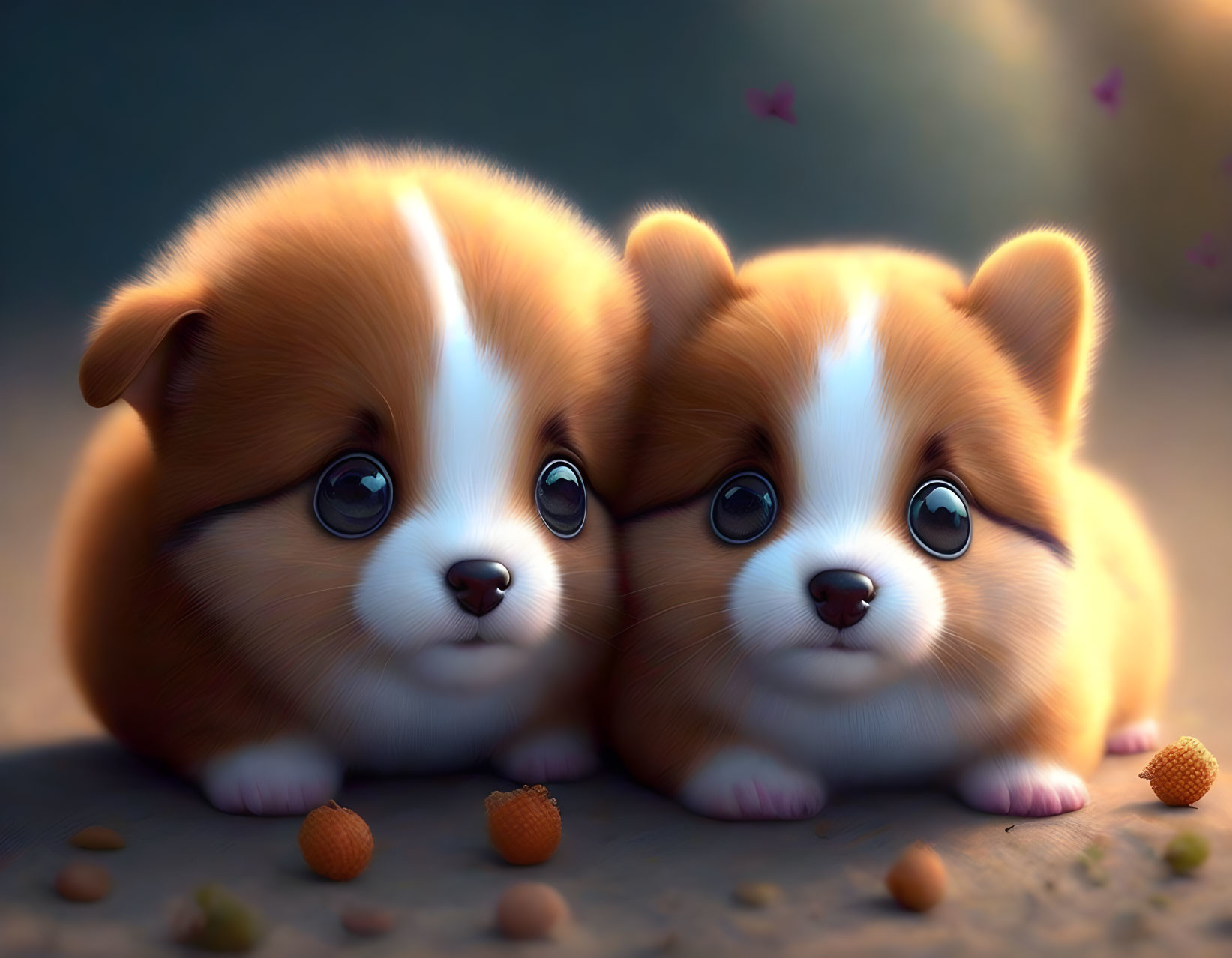 Two cute corgi puppies surrounded by biscuits and butterflies