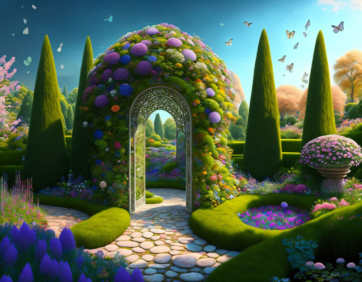 Floral archway, manicured hedges, colorful flowers in enchanted garden