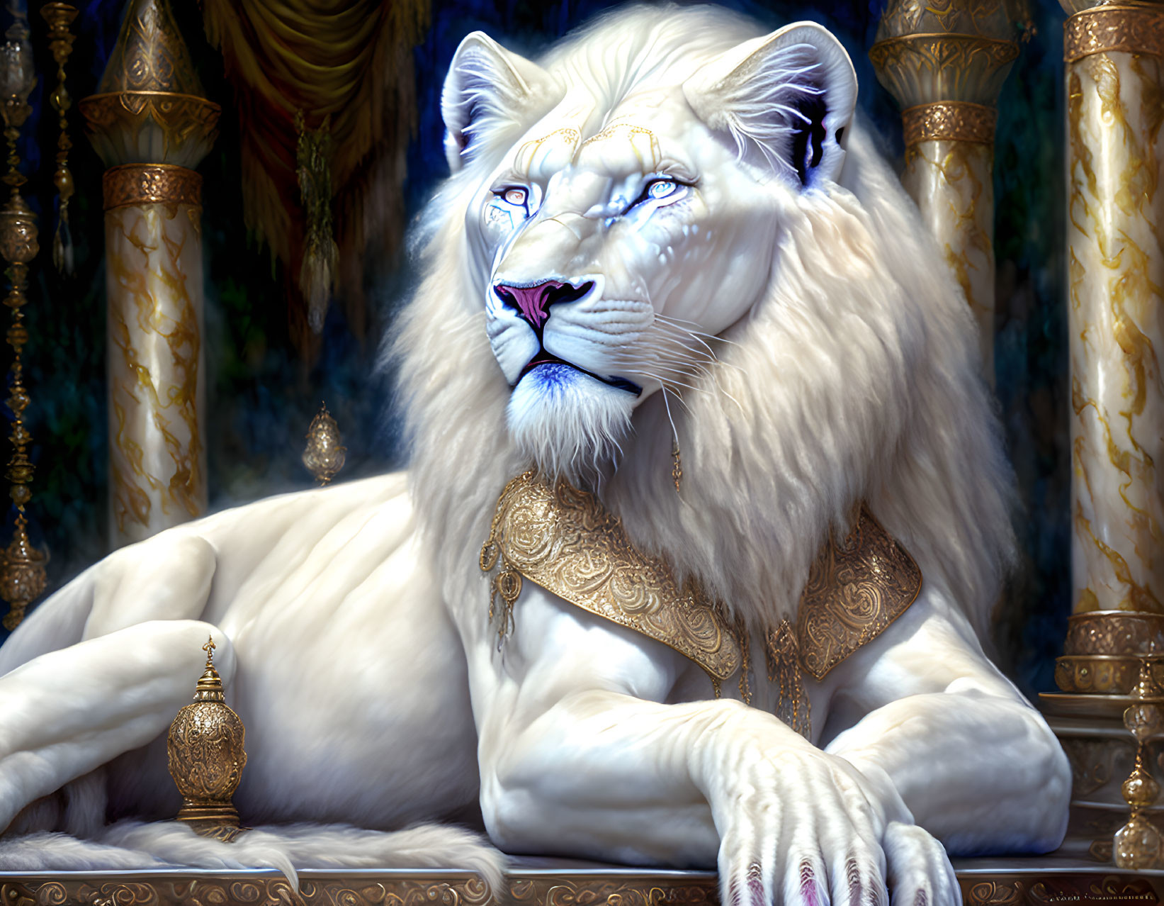 White lion in golden armor in opulent room