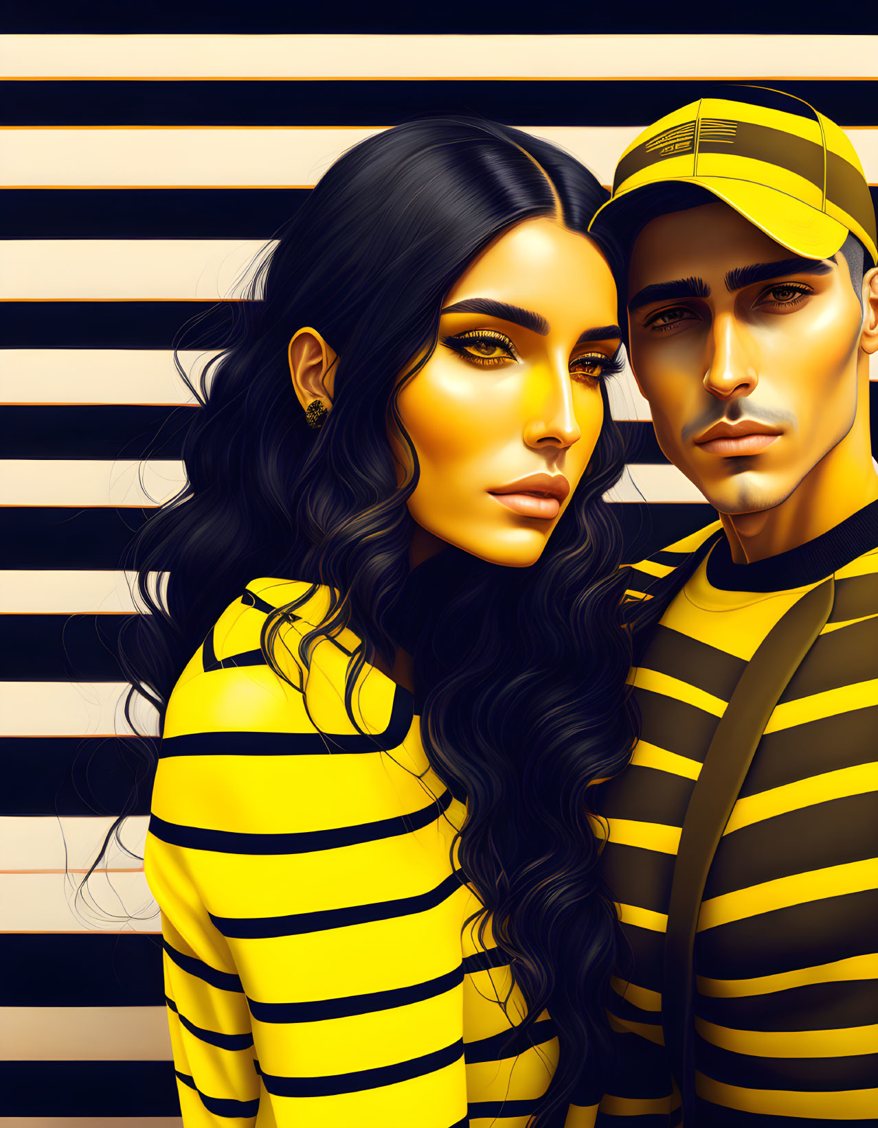 Stylized illustration of man and woman in yellow-striped outfits