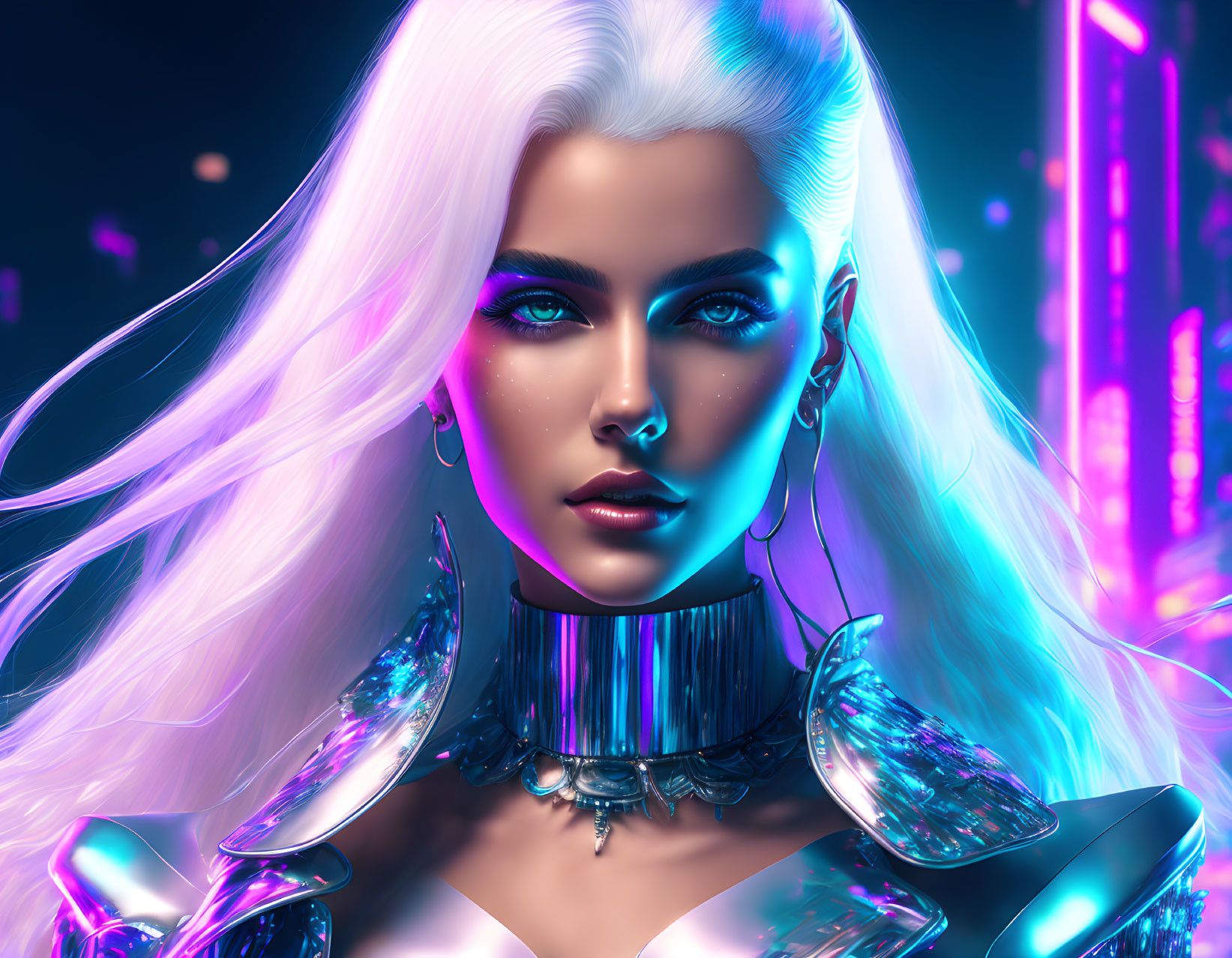 Futuristic digital artwork: Woman with blue skin and cybernetic enhancements in neon cityscape