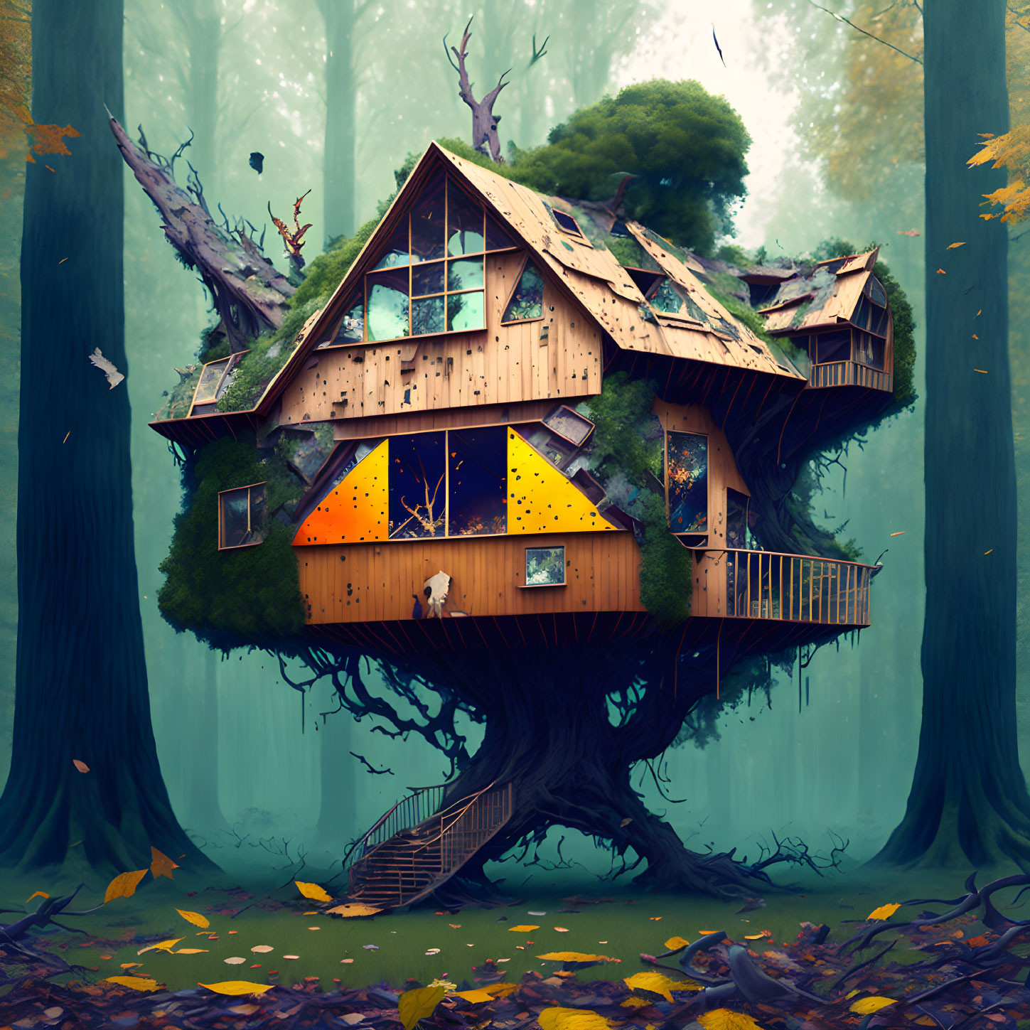 Colorful Treehouse with Winding Staircase in Misty Autumn Forest