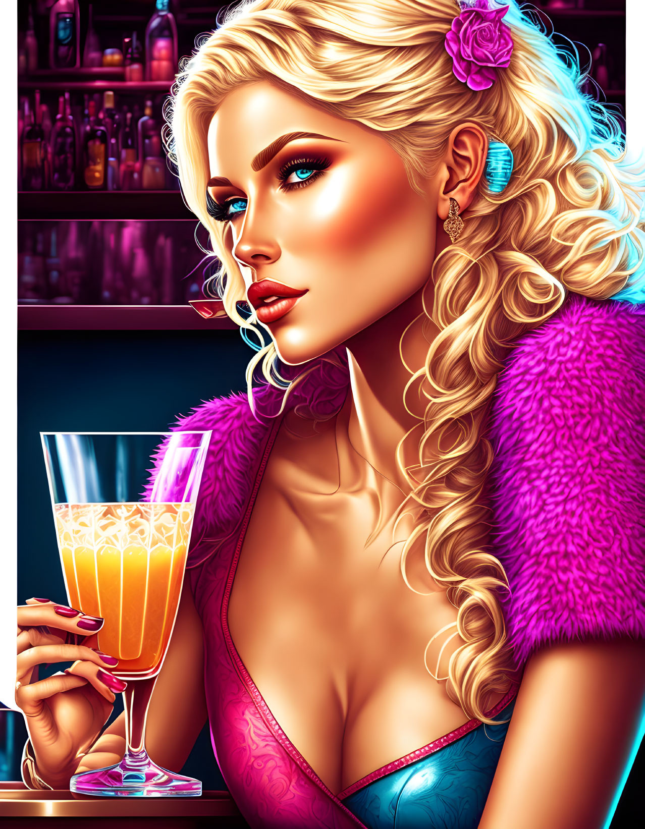 Blonde woman in pink fur coat with cocktail in bar scene