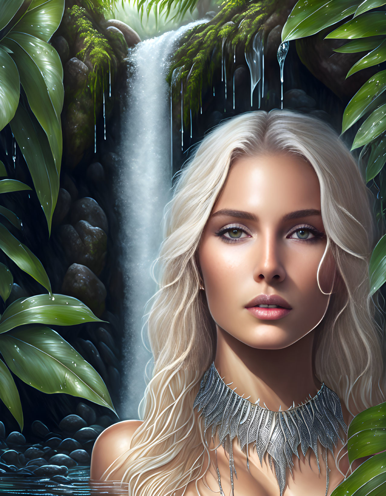 Blonde Woman with Blue Eyes in Tropical Waterfall Setting