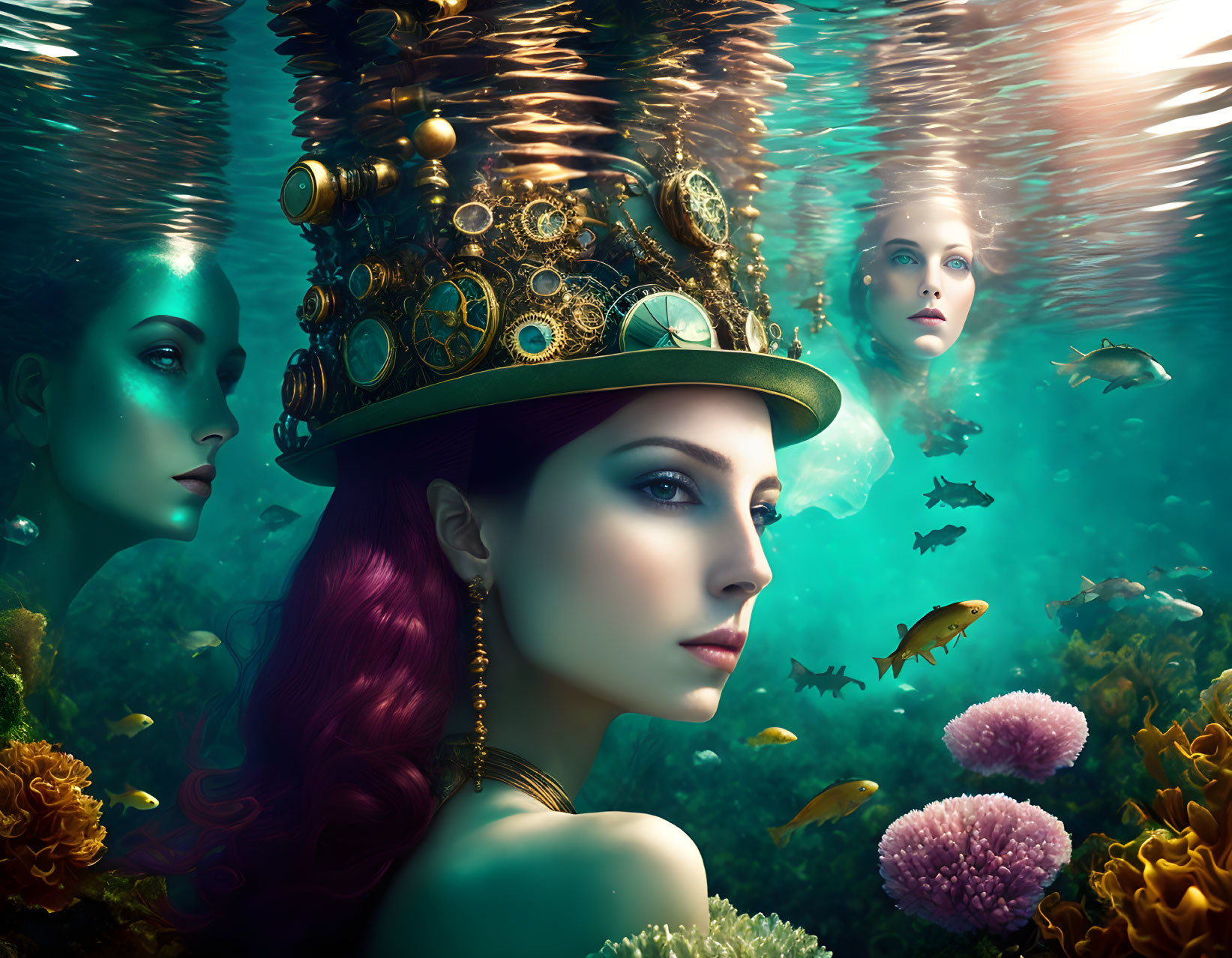 Surreal underwater scene with woman in steampunk hat, fish, coral, and floating faces