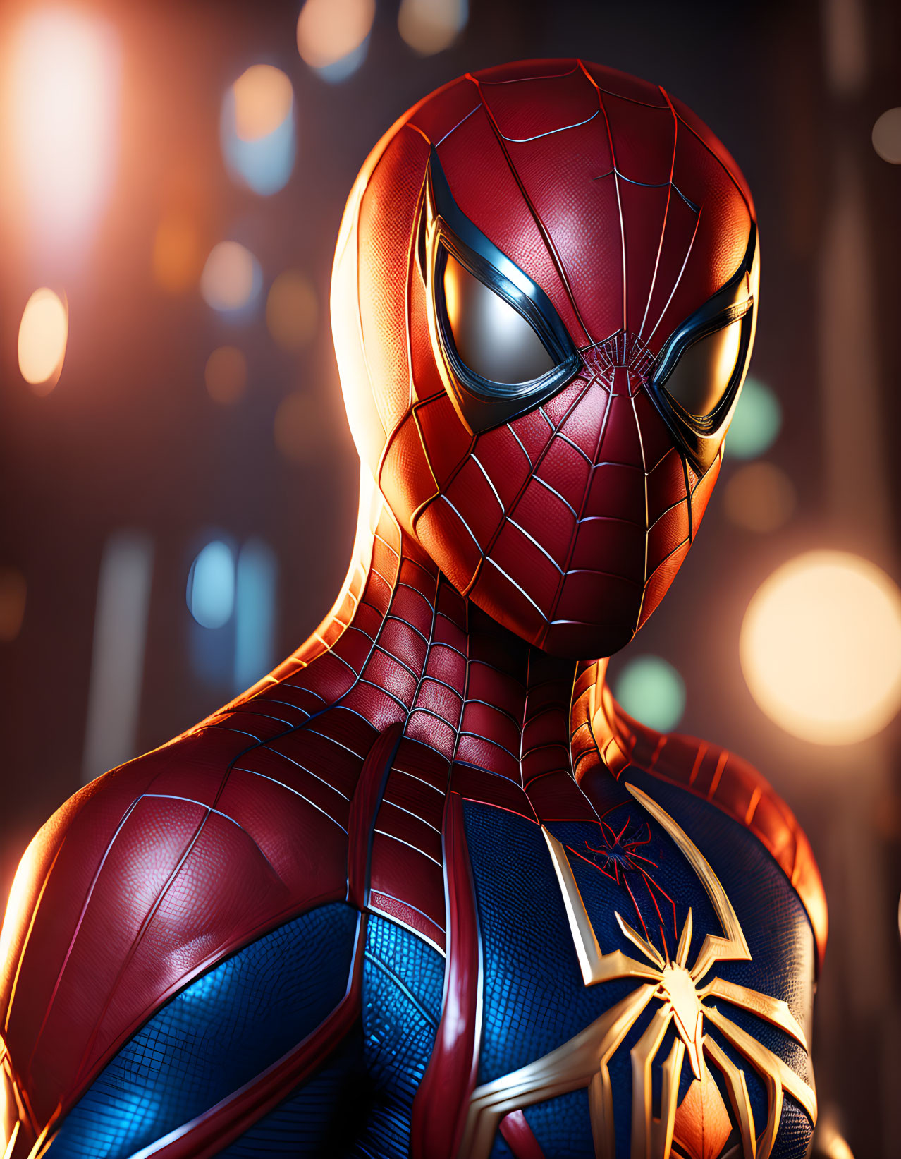 Close-Up of Spider-Man in Red and Blue Suit with Golden Spider Emblem