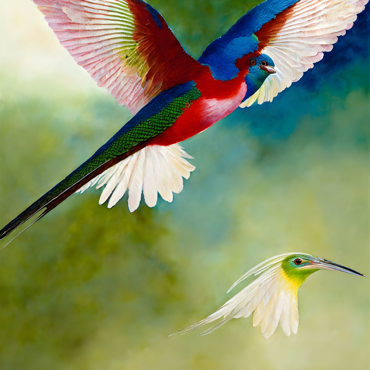 Colorful digital artwork: Quetzal and hummingbird in flight