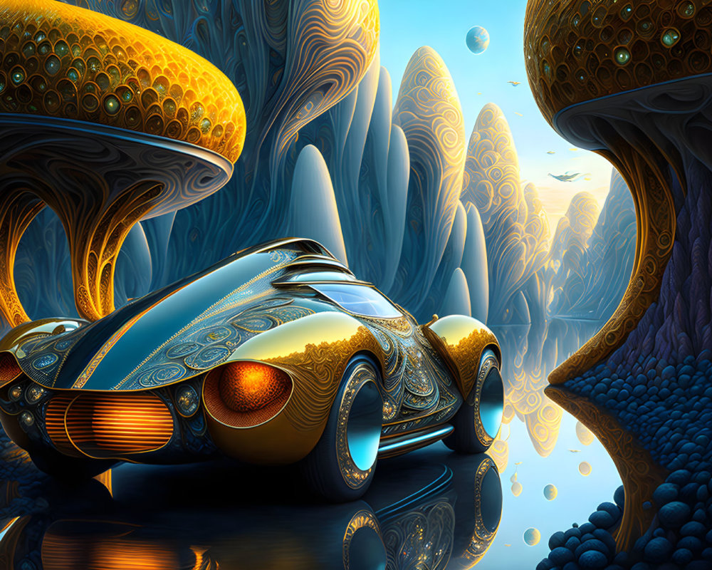 Ornate futuristic car in alien landscape with mushroom structures