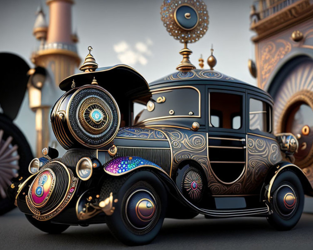 Stylized vintage car with ornate patterns and mythical designs