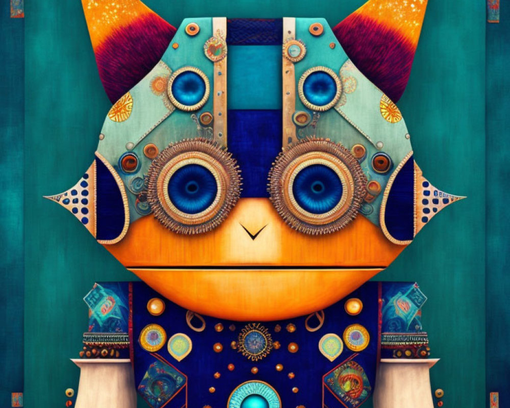 Vibrant owl art with geometric patterns and textures