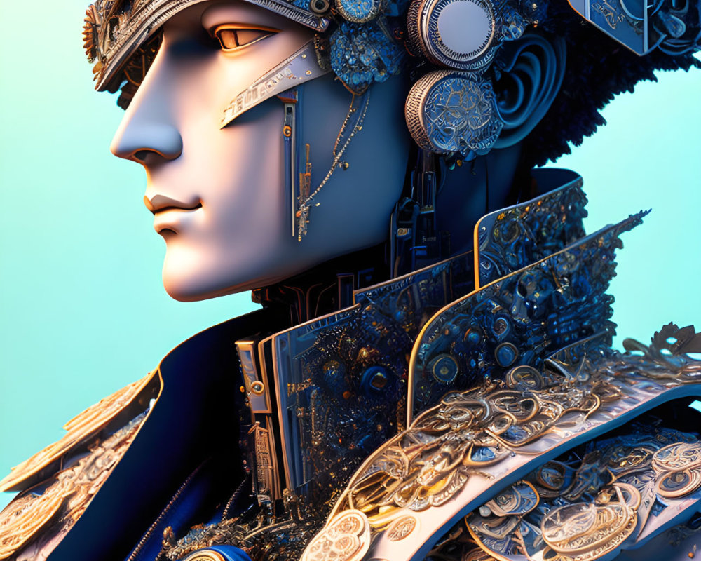 Detailed digital artwork of robotic figure with mechanical headpiece in cool blue tones