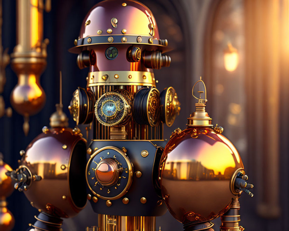 Detailed Steampunk Robot with Brass and Copper Tones