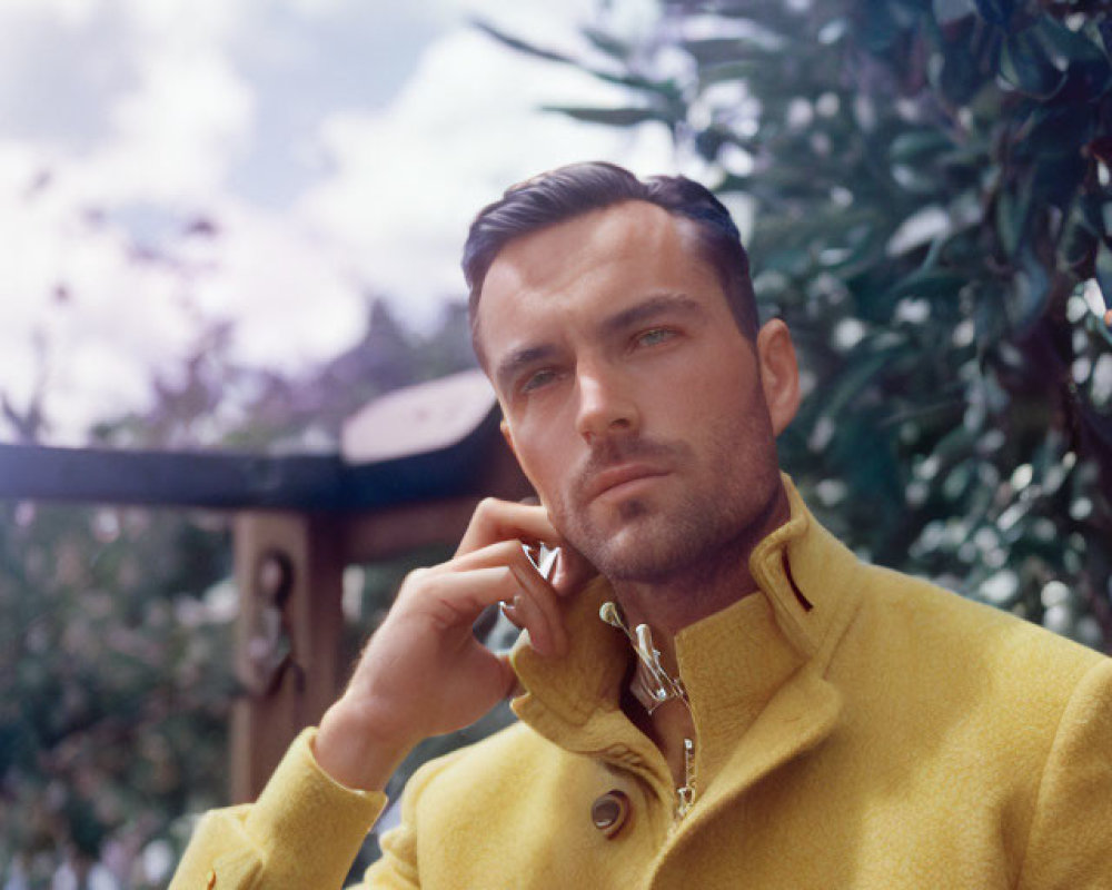 Man with Short Dark Hair in Yellow Jacket Against Blurred Plant Background