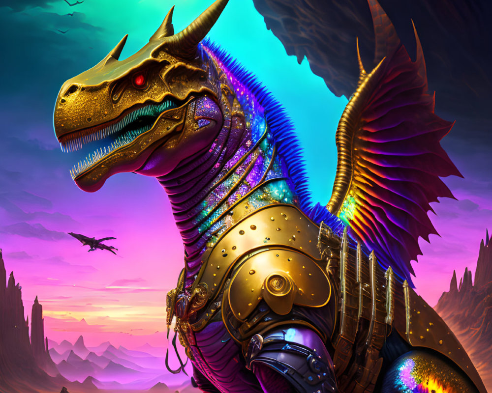 Colorful Dragon with Golden Horns and Armor in Fantasy Desert Scene