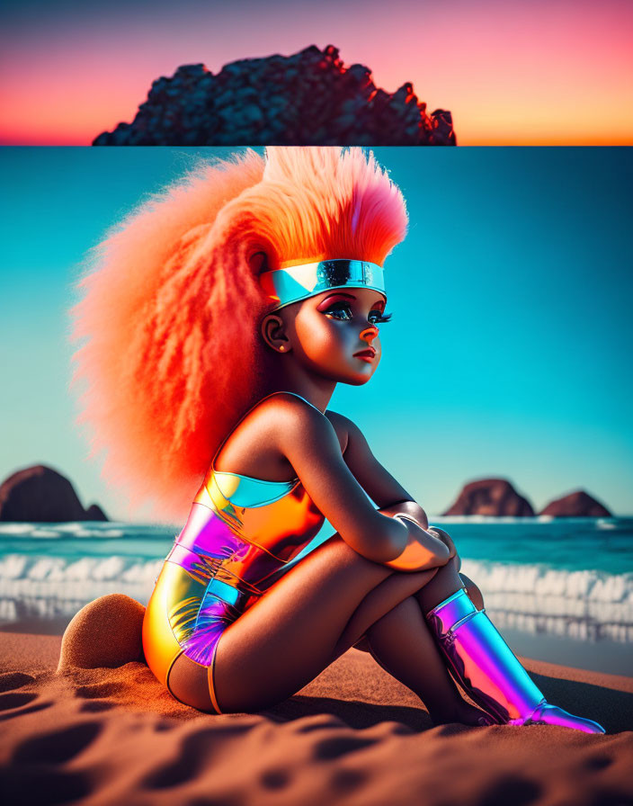 Futuristic woman with orange mohawk and visor on sunset beach