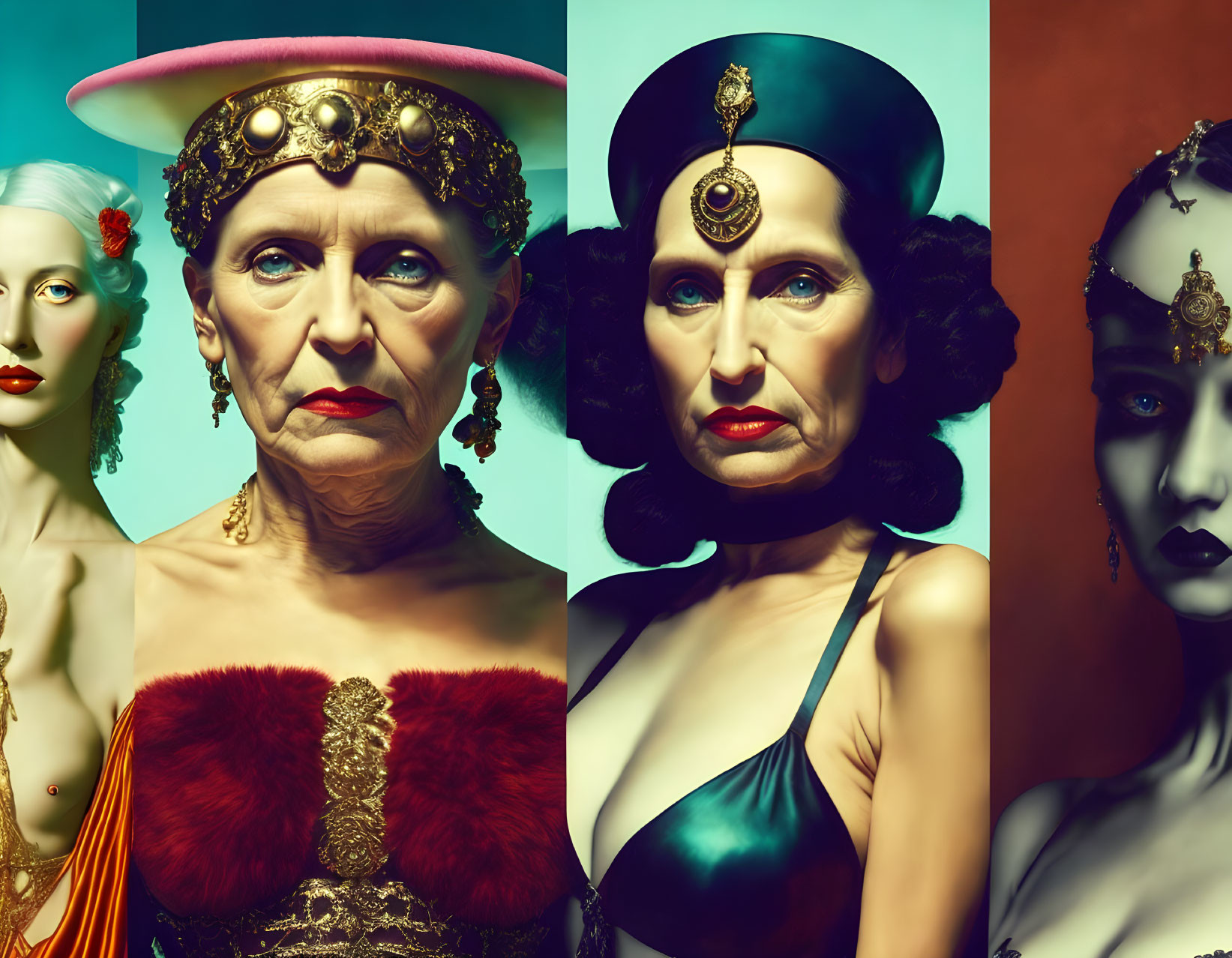 Four stylized portraits in vibrant historical costumes and headpieces with dramatic expressions