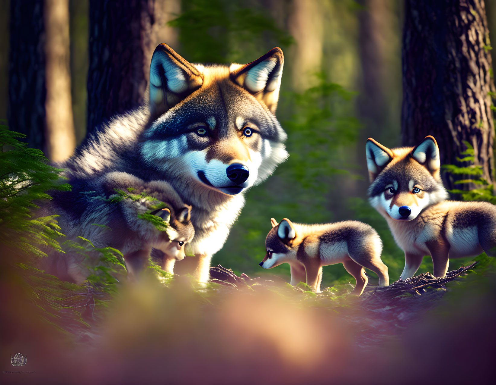 Realistic Family of Wolves in Forest: Adult & Three Cubs Among Greenery