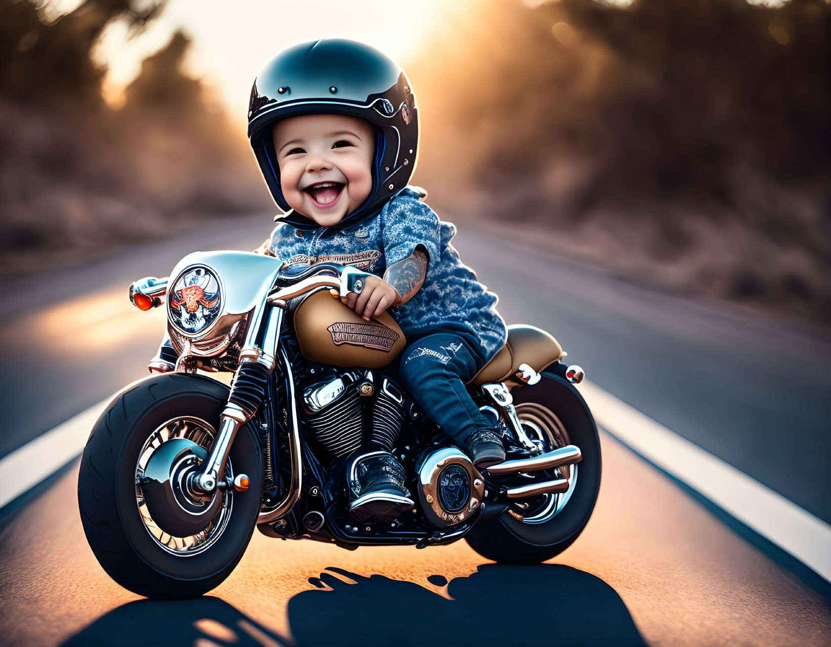 Young child on toy motorcycle wearing helmet at sunset