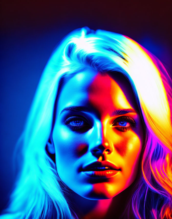 Woman's portrait with neon blue and red lighting highlighting features