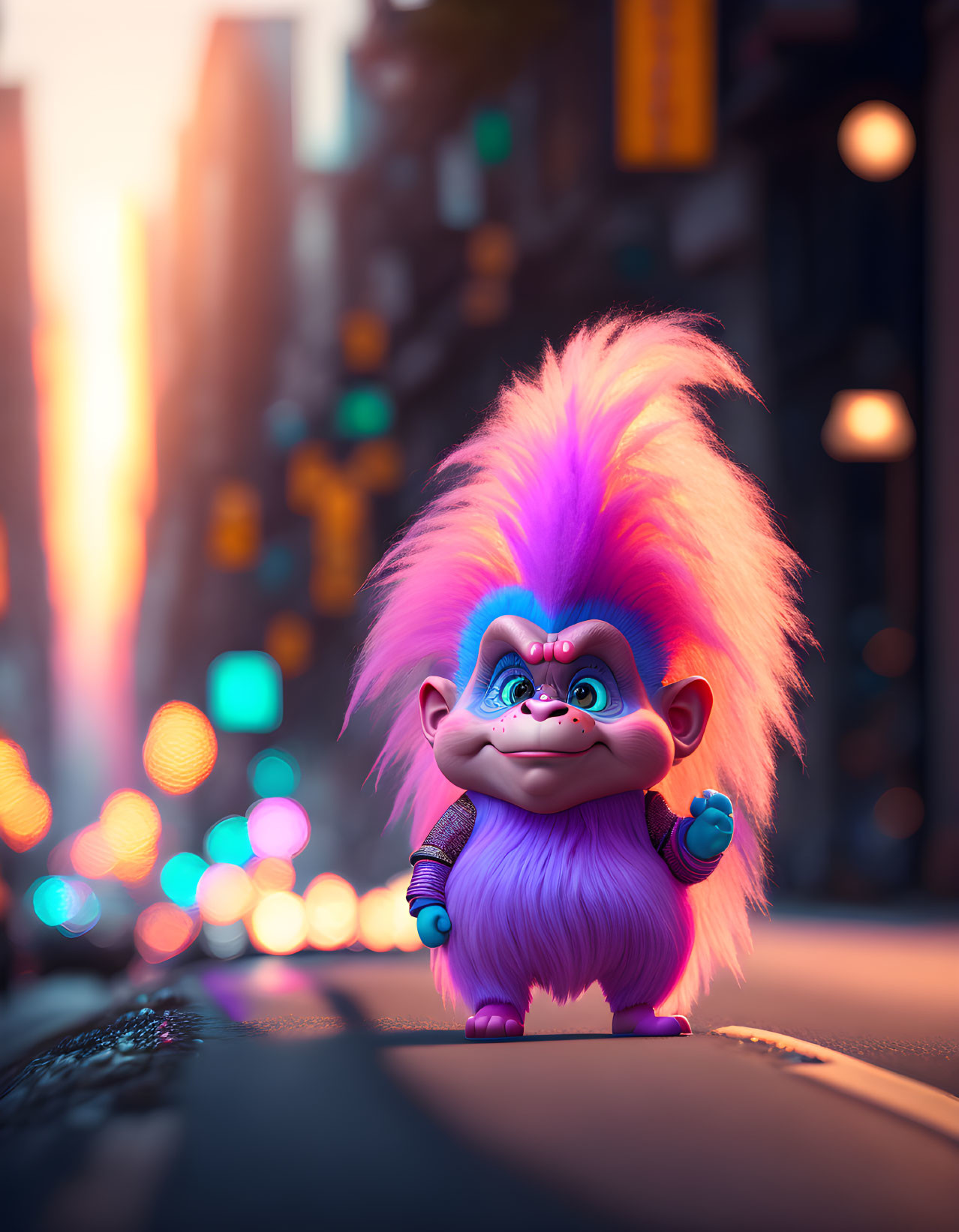 Colorful Toy Troll with Purple Fur, Pink Mohawk, and Big Blue Nose in City Street at