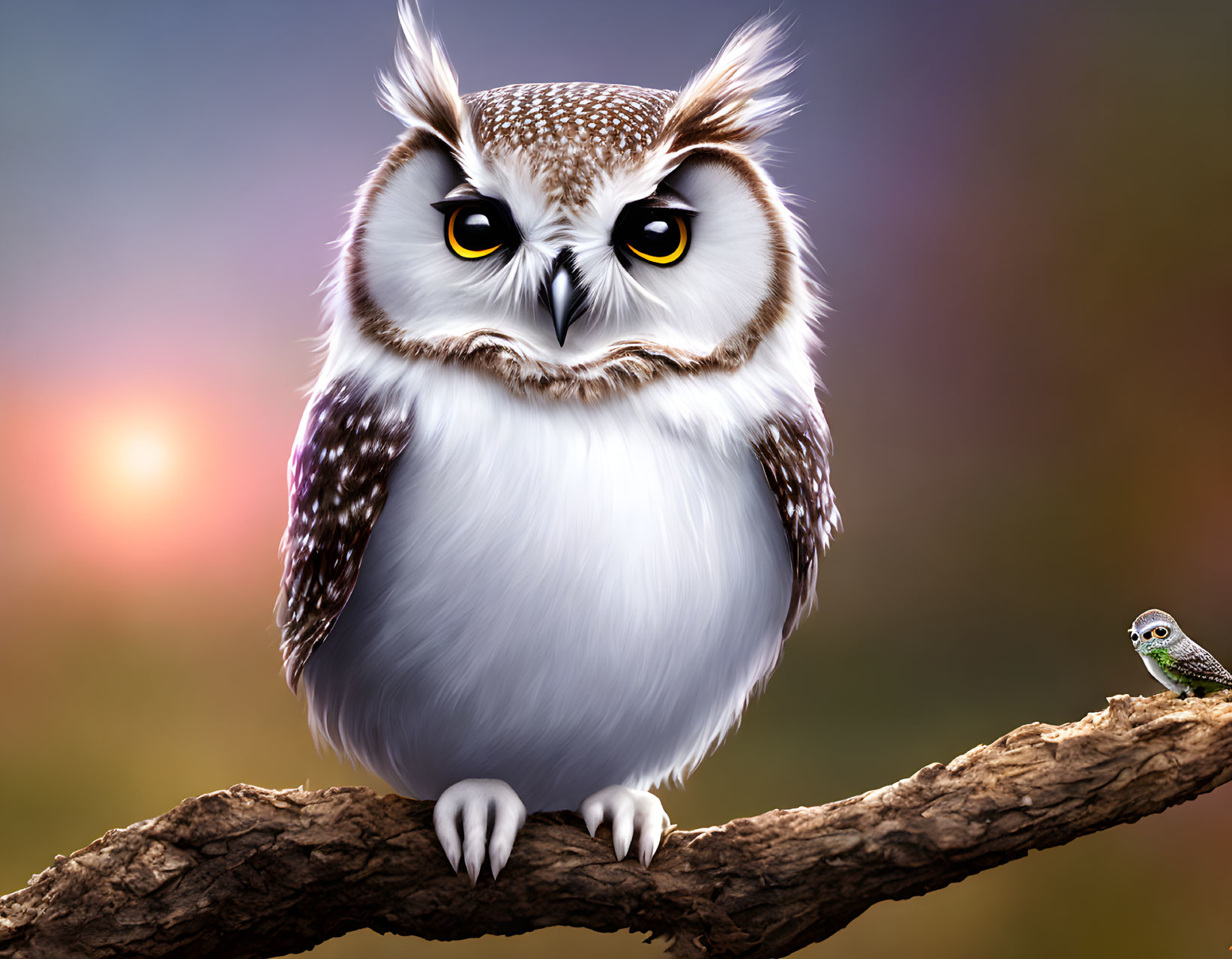 Large and small owls perched on branch with yellow eyes and spotted feathers in digital illustration.