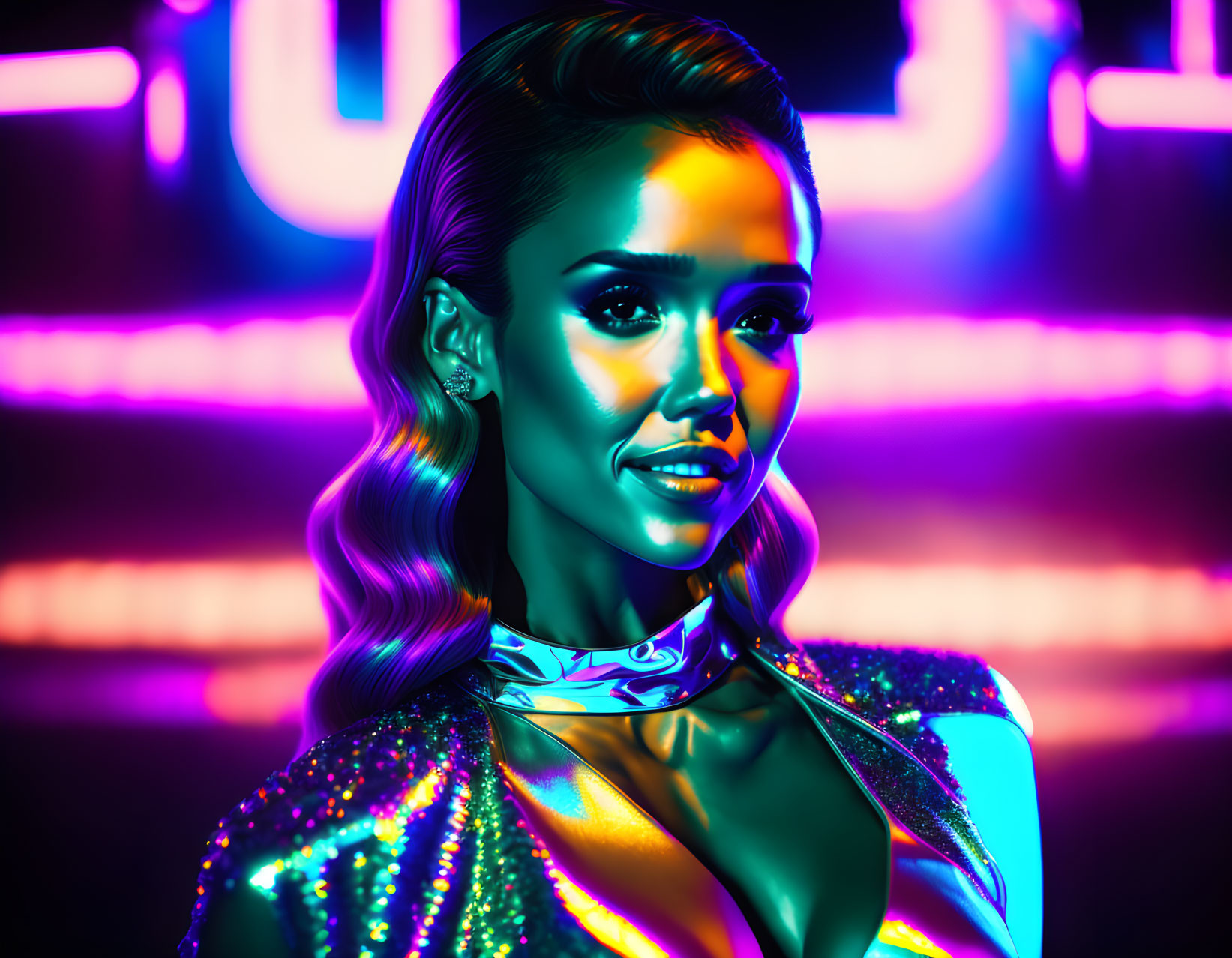 Colorful lighting highlights woman in shiny clothing against neon backdrop