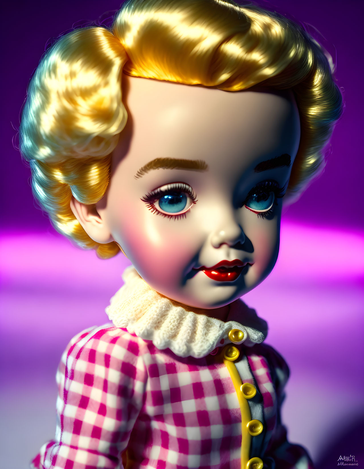 Vintage-Style Doll with Curly Blonde Hair and Blue Eyes in Gingham Dress on Purple Background