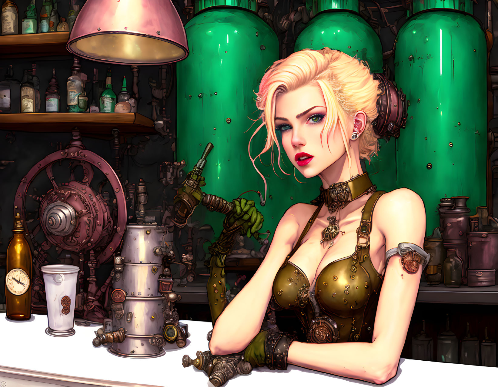 Blonde woman with mechanical arm in steampunk workshop