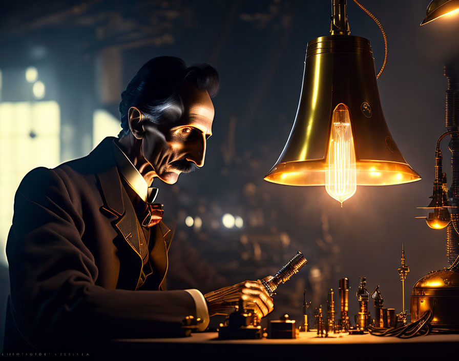 Stylized image of man assembling machinery under oversized light bulb