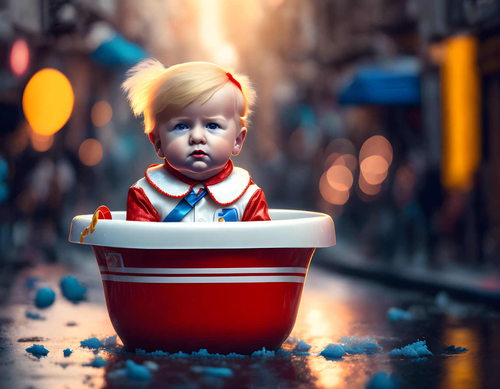 Blond toddler in red hairband on toy boat in whimsical setting