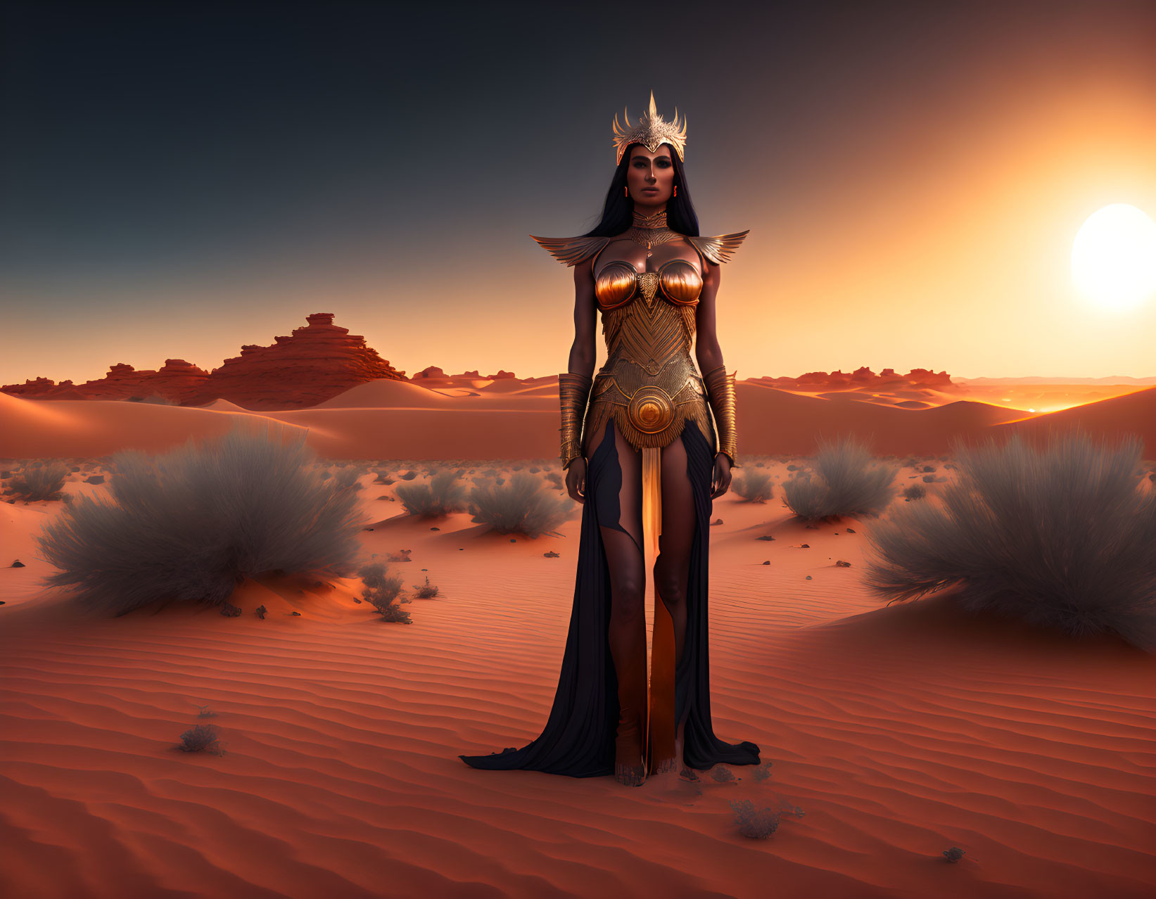 Female warrior in golden armor at sunset in desert landscape