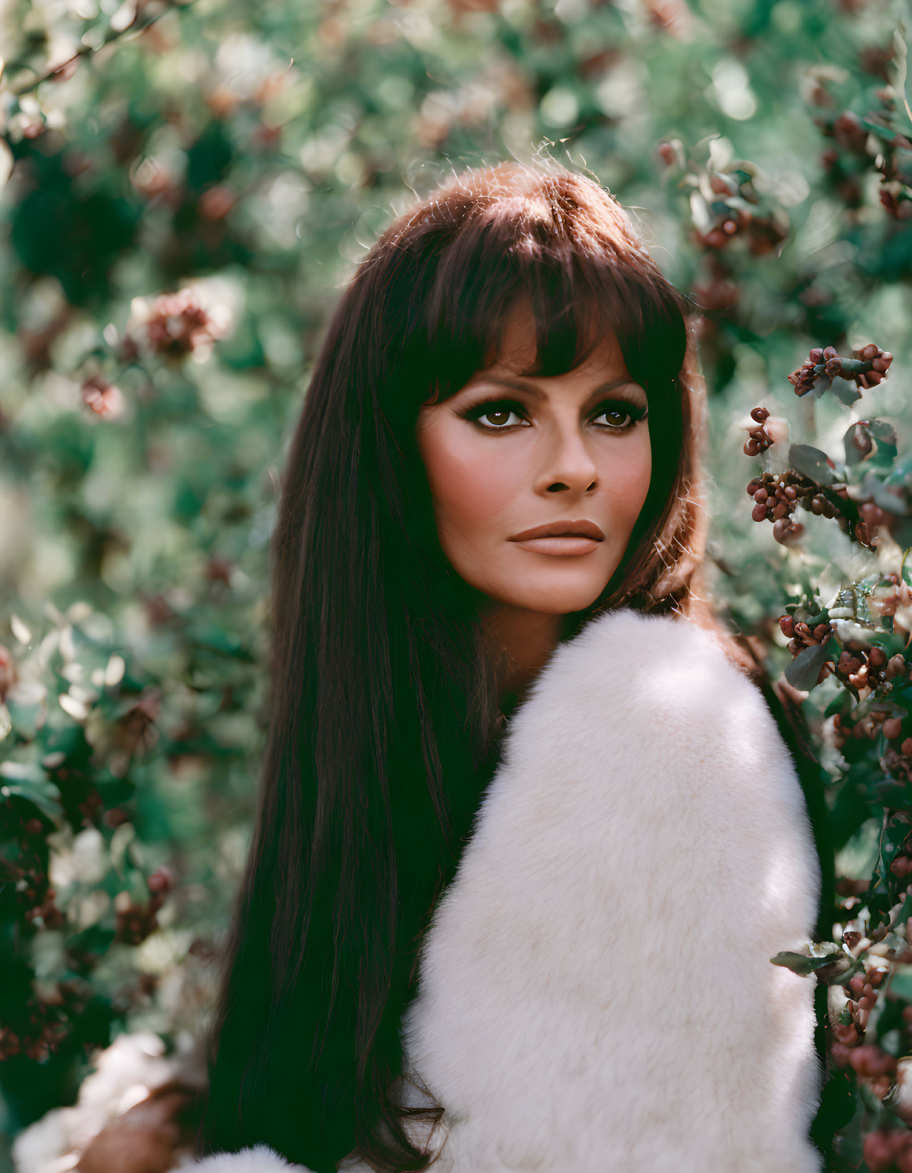 Woman with Dramatic Eye Makeup and Voluminous Hair in White Fur Stole Among Berry Bushes