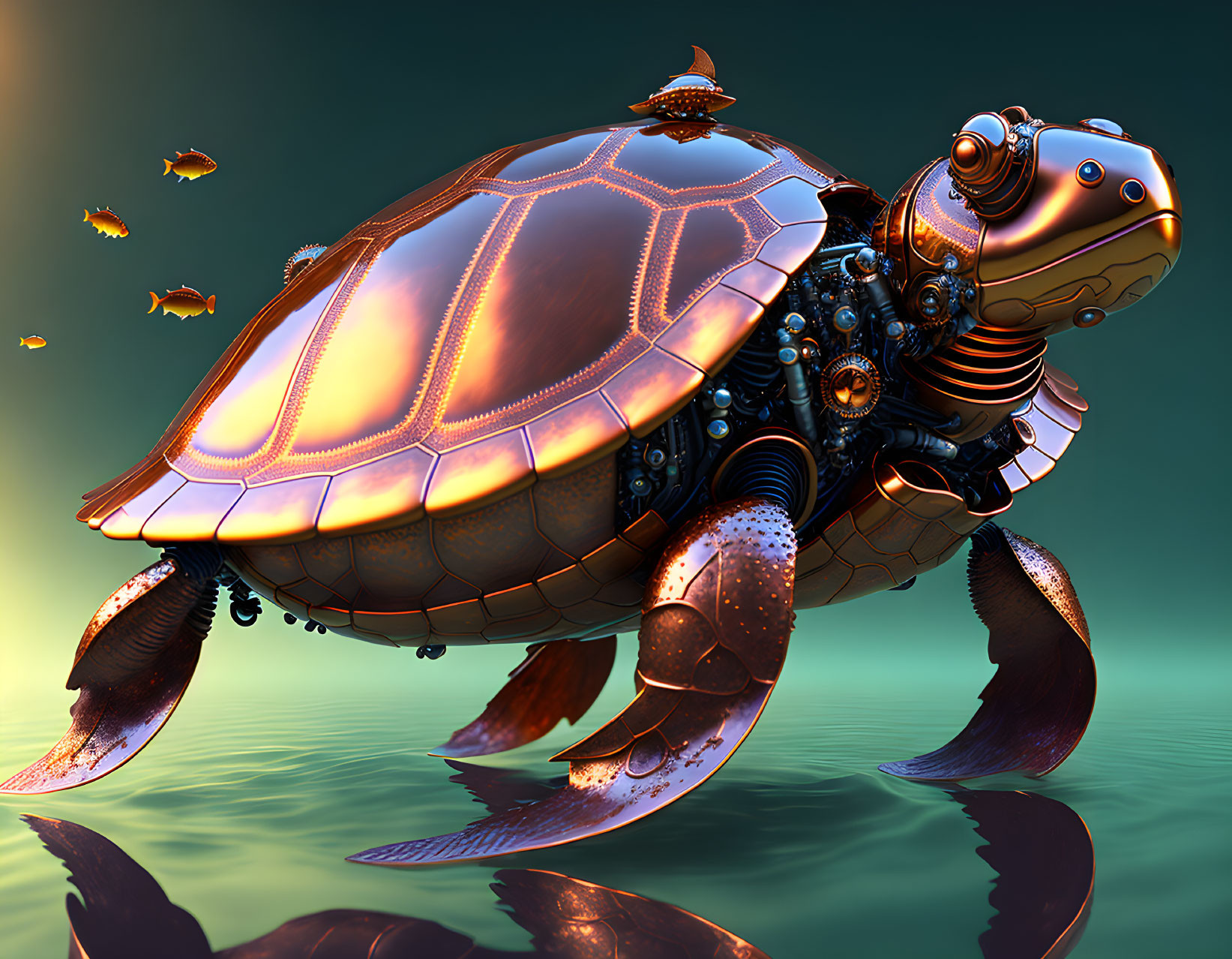 Mechanical turtle with gears swimming with fish in digital art