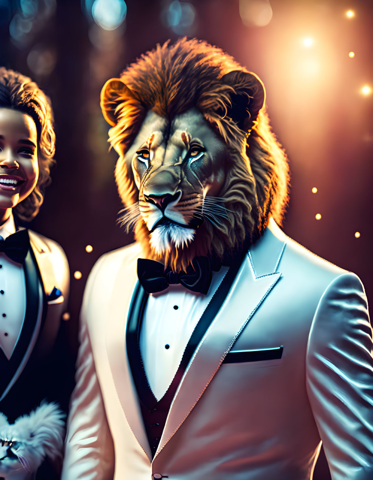 Anthropomorphic lion in white suit with woman in formal dress and bokeh lights