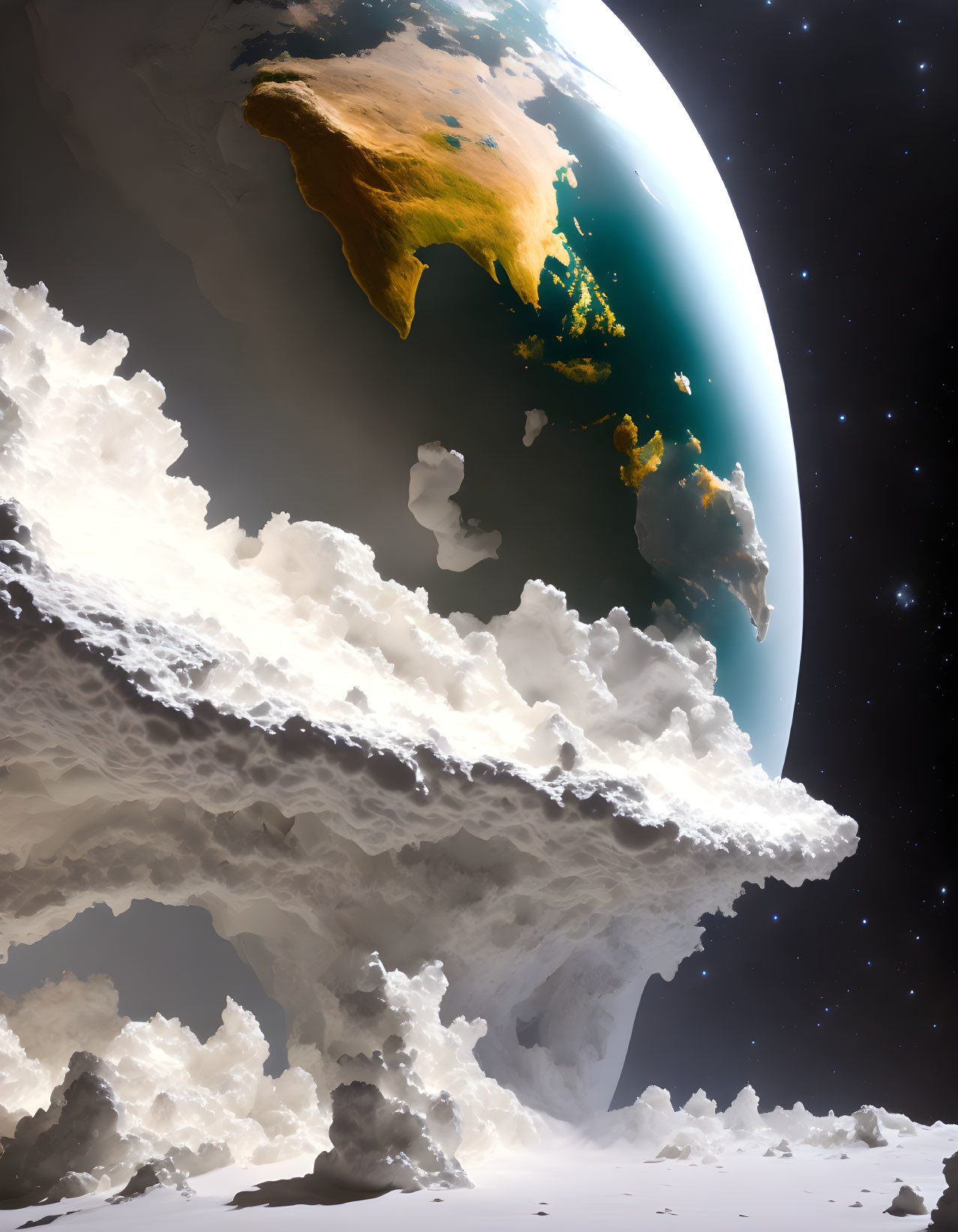 Fantastical landscape with towering clouds and Earth in starry space