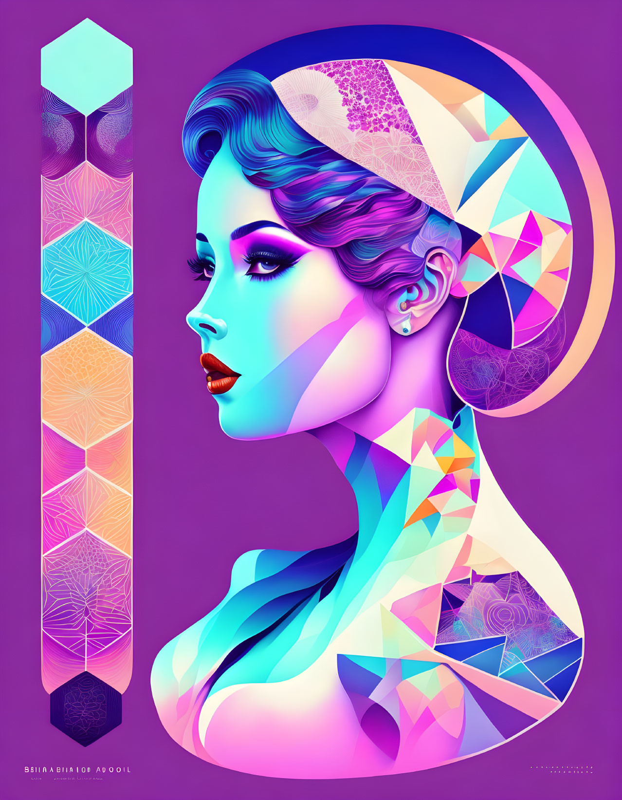 Profile Illustration: Woman with Multicolored Geometric Patterns on Face and Hair on Purple Background