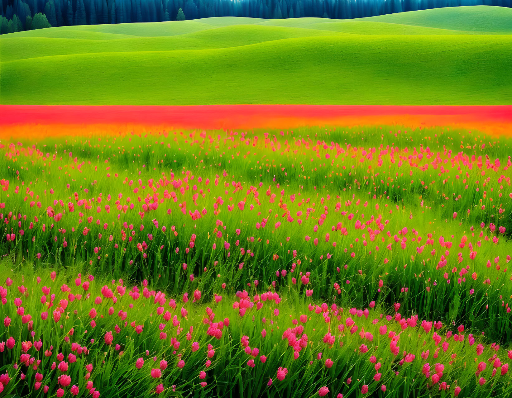 Colorful Tulip Field and Green Hills Landscape Under Clear Sky