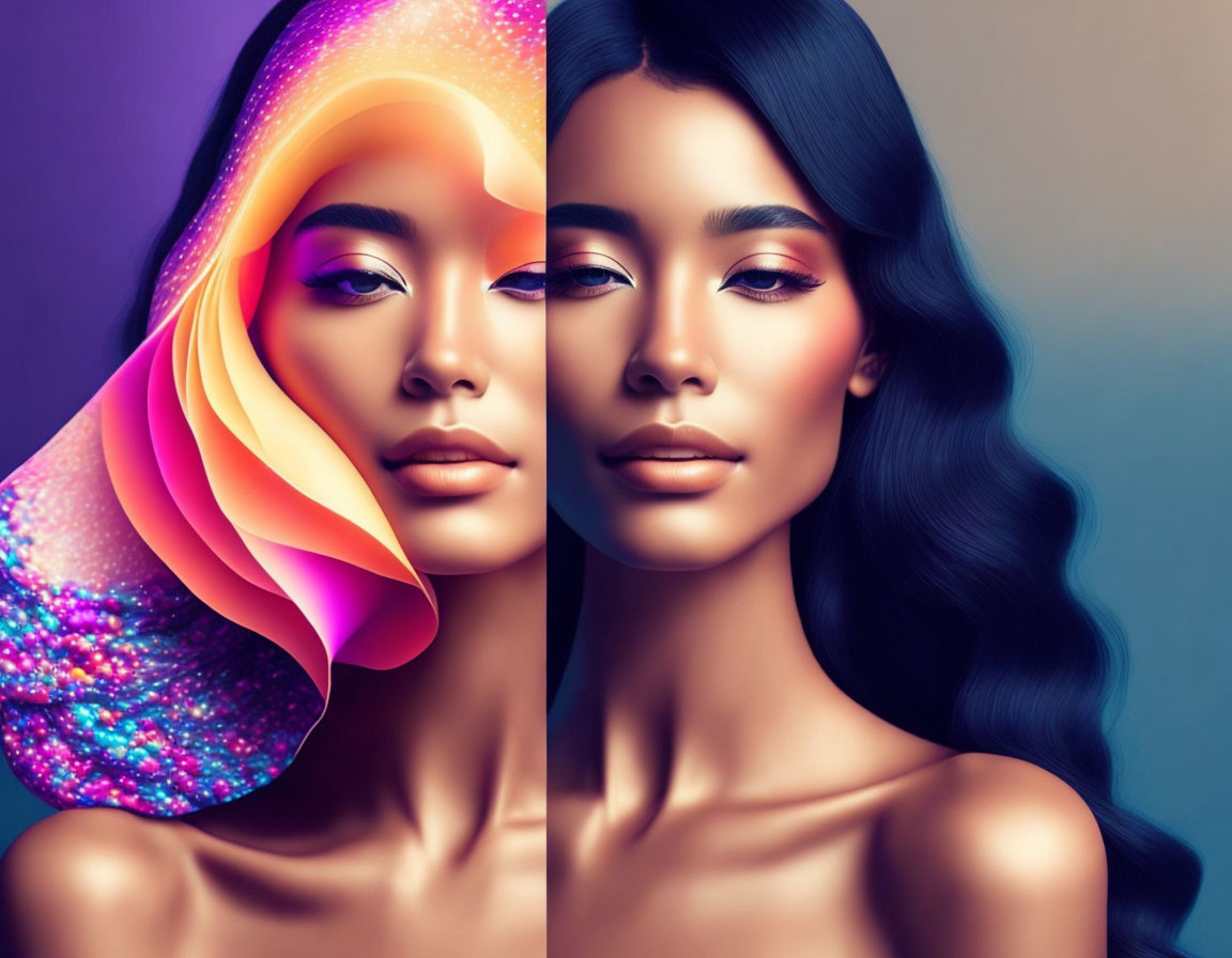 Vibrant makeup on two women with contrasting hair types