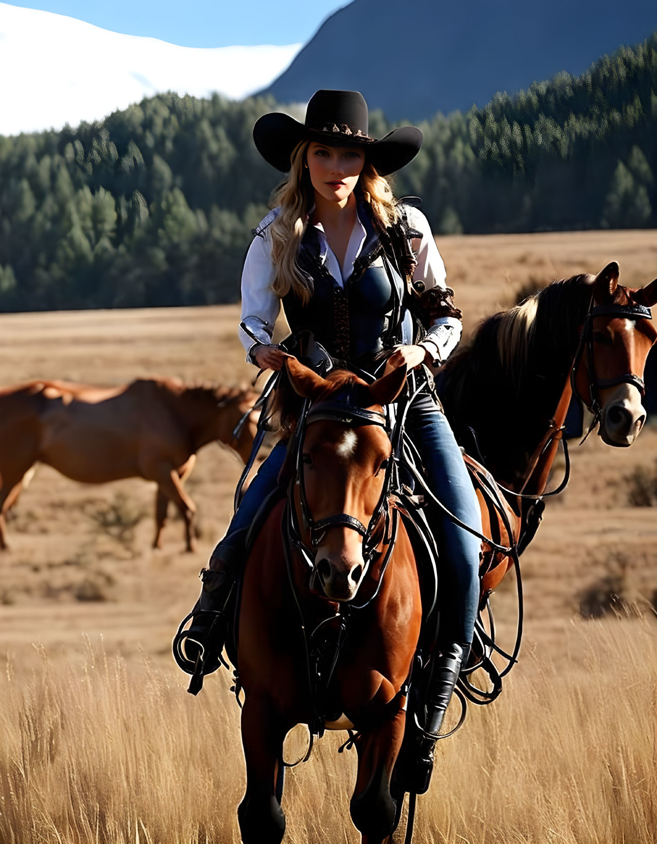 Cowboy hat woman rides horse in open field with mountains and horses.